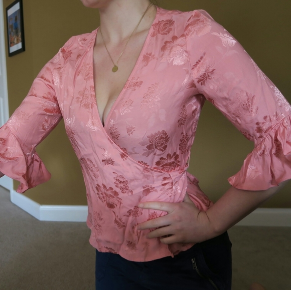 Express Tops - Pink Floral Wrap Blouse